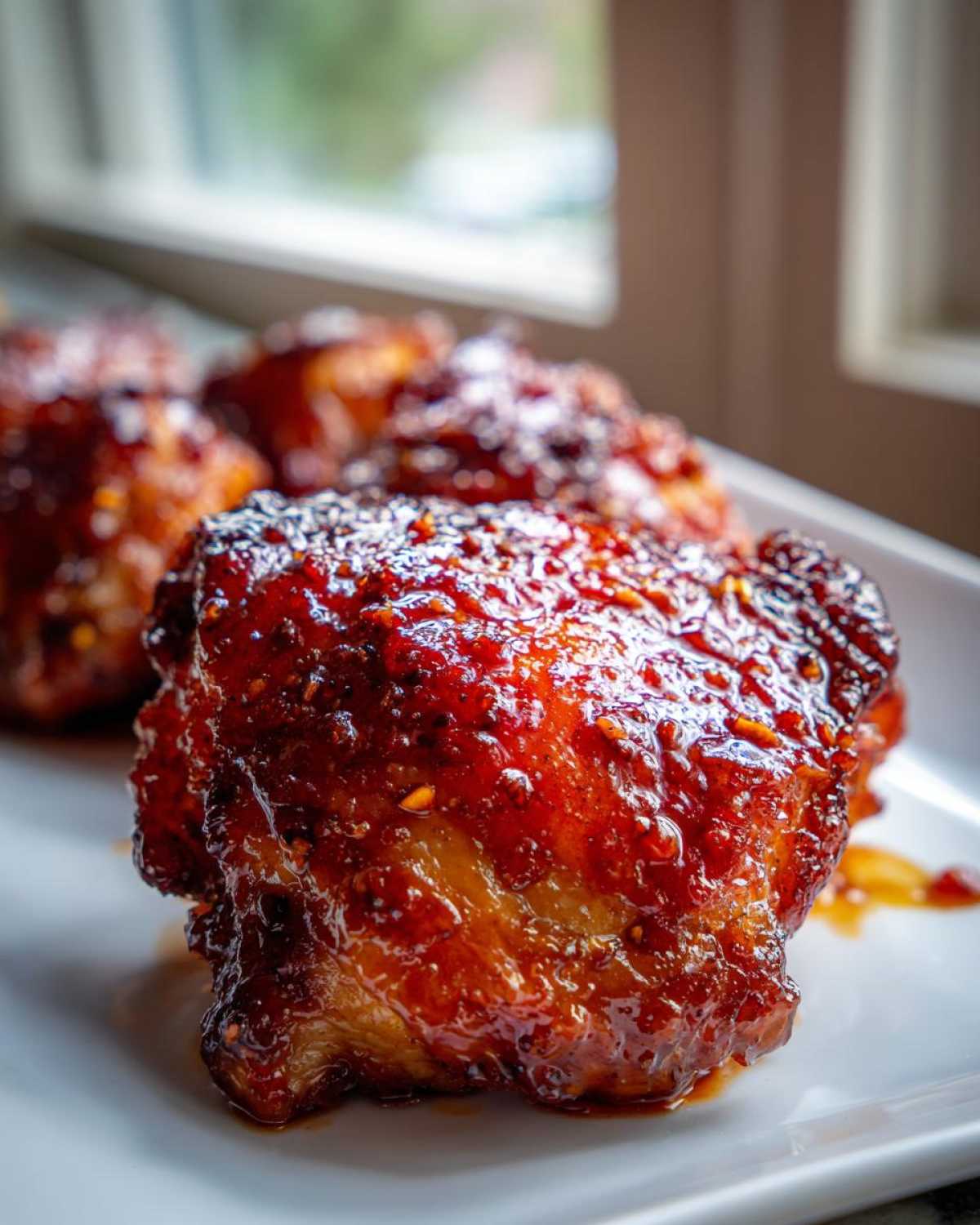 Close-up of juicy Spicy Honey Garlic Air Fryer Chicken Thighs coated in a thick, glossy, reddish-brown glaze.
