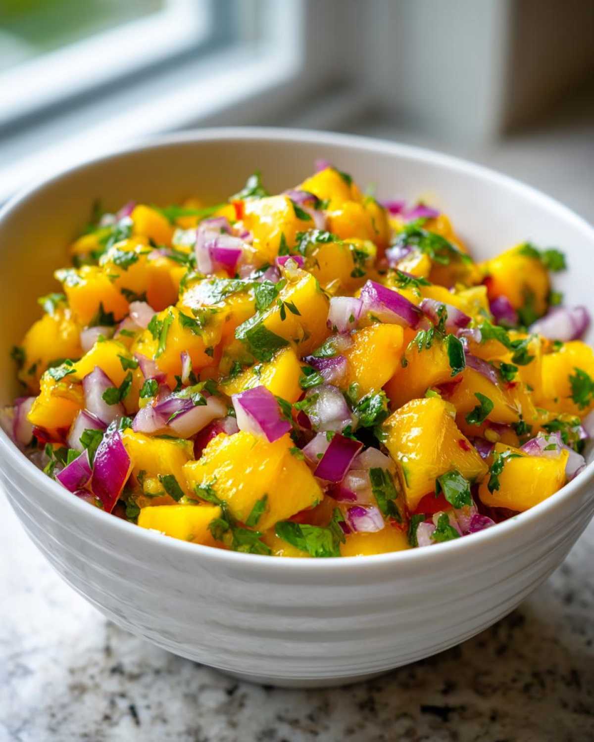 Close-up of vibrant Spicy Mango Salsa featuring diced mango, red onion, and cilantro in a white bowl.