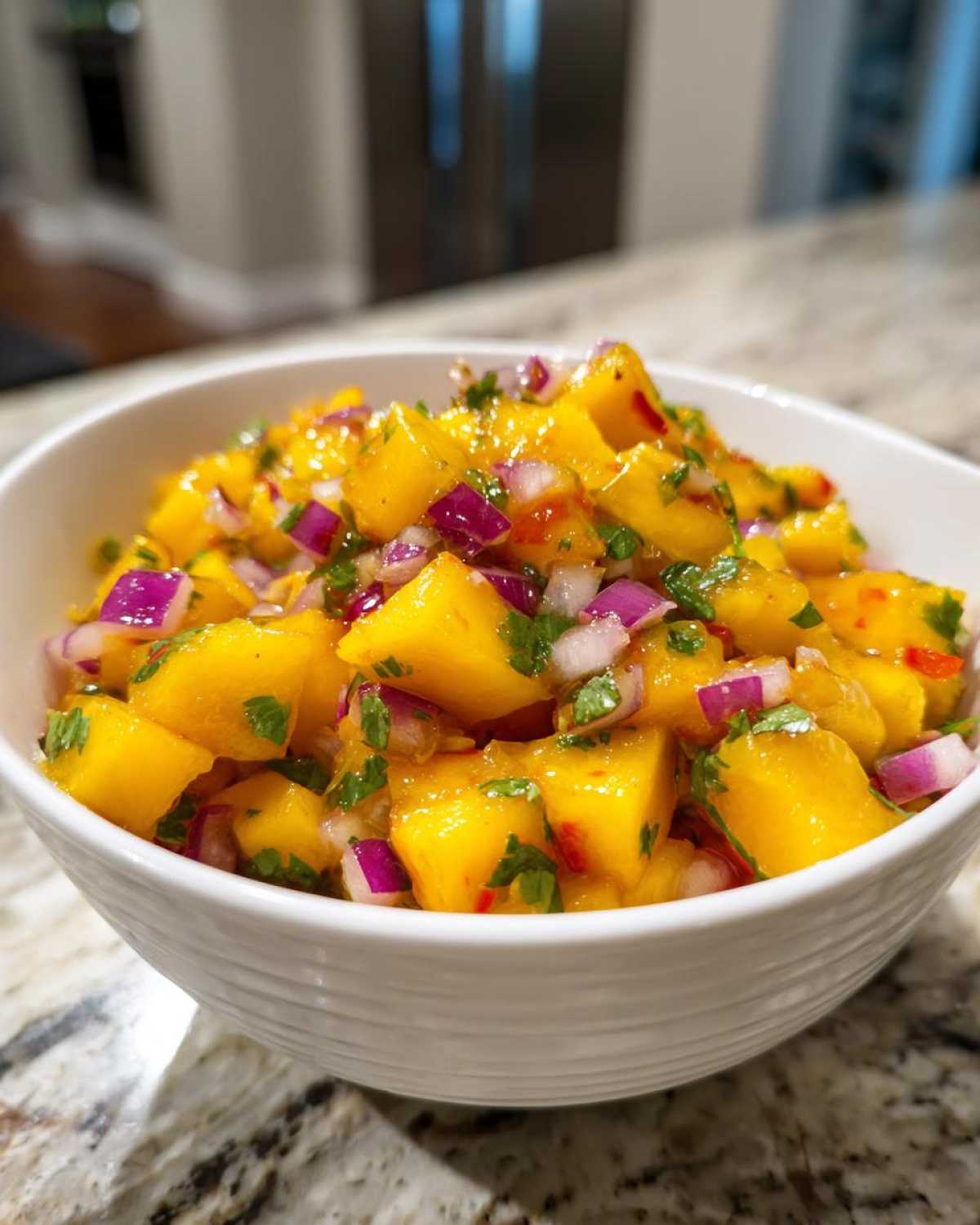 Close-up of a white bowl filled with vibrant Spicy Mango Salsa, featuring diced mango, red onion, and cilantro.