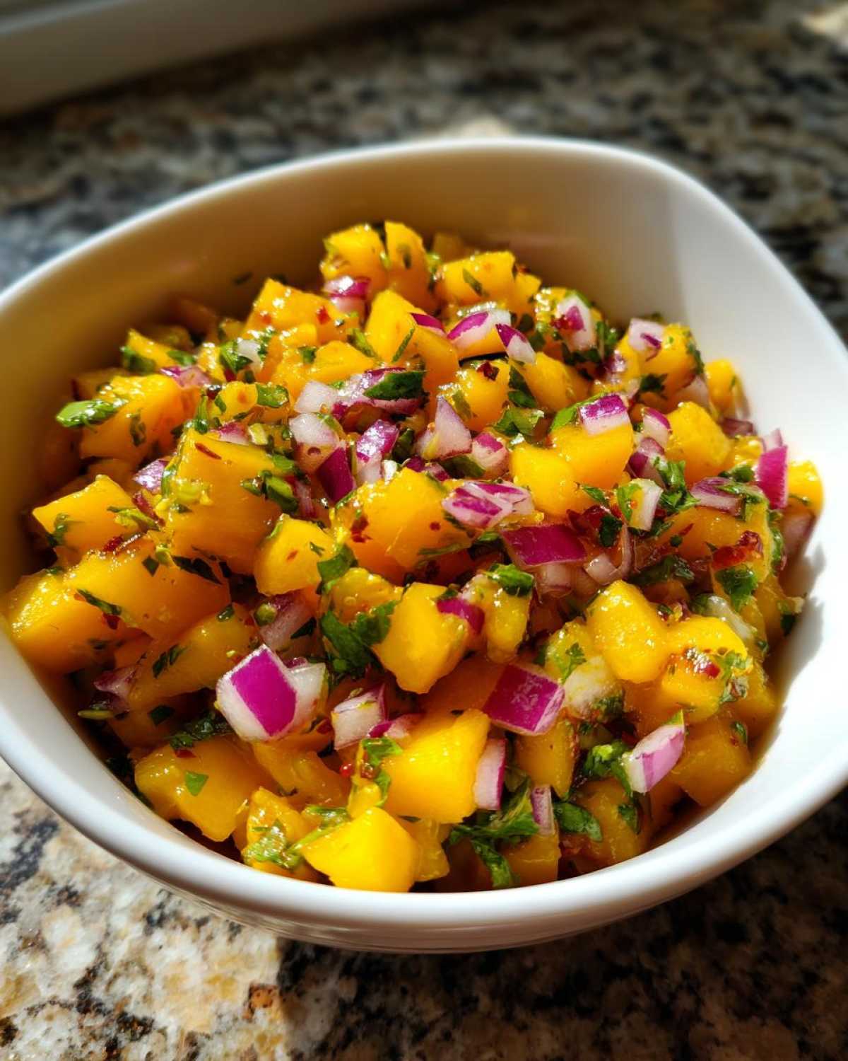Close-up of a white bowl filled with bright yellow Spicy Mango Salsa, mixed with diced red onion and cilantro.