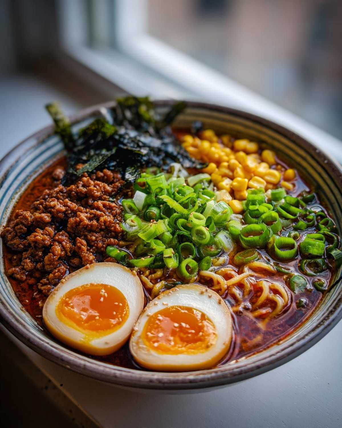 Close-up of Spicy Miso Ramen featuring rich broth, ground meat, corn, green onions, and two halves of a soft-boiled egg.