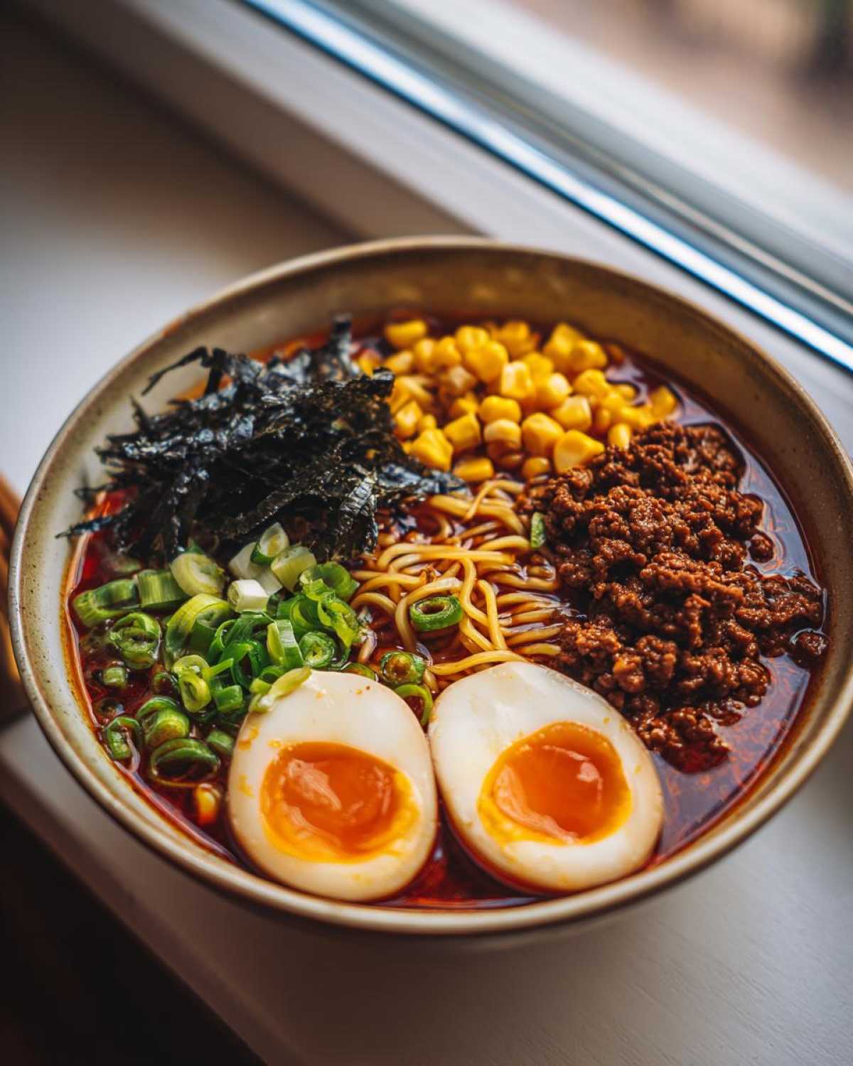 A close-up of a bowl of Spicy Miso Ramen featuring noodles, spicy ground meat, corn, seaweed, and two perfectly halved soft-boiled eggs.