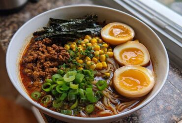 A bowl of Spicy Miso Ramen featuring rich broth, ground meat, corn, scallions, nori, and three halves of soft-boiled eggs.
