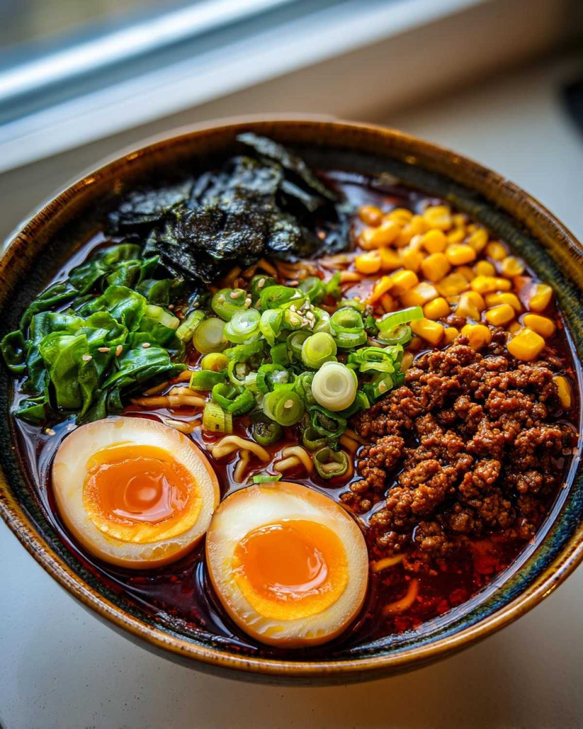 Close-up of Spicy Miso Ramen featuring rich broth, ground meat, corn, and two halves of a soft-boiled egg.