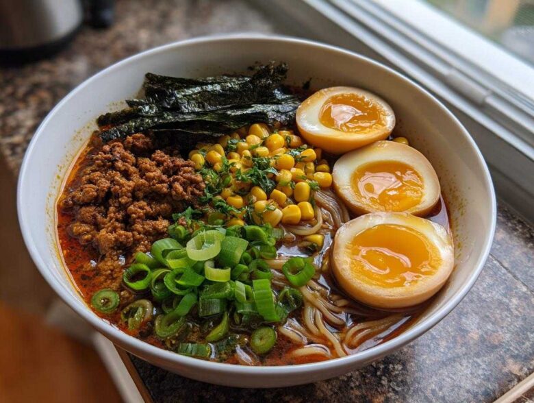 A bowl of Spicy Miso Ramen featuring rich broth, ground meat, corn, scallions, nori, and three halves of soft-boiled eggs.