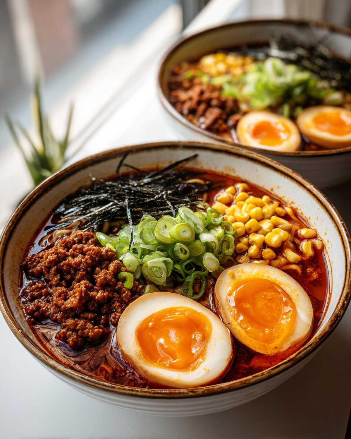 A bowl of Spicy Miso Ramen topped with ground meat, corn, scallions, nori, and two perfectly halved soft-boiled eggs.