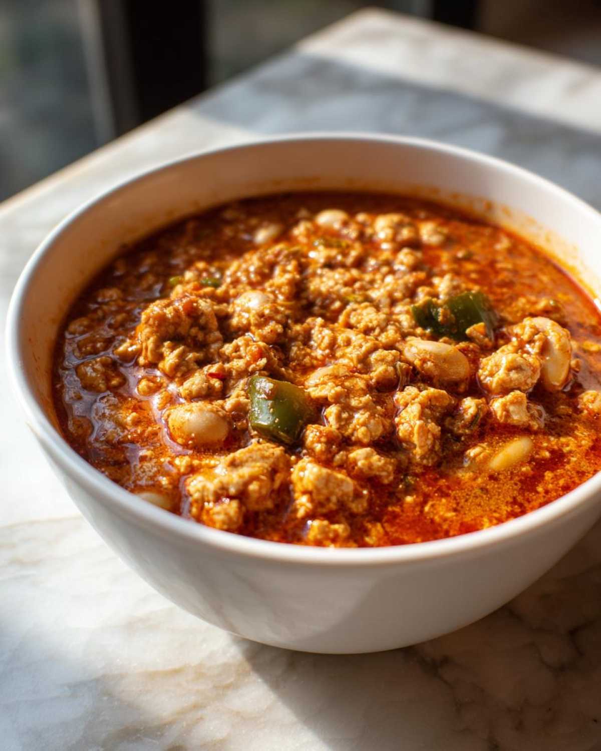 Close-up of a white bowl filled with rich, red Spicy Turkey White Bean Chili, showing ground turkey and white beans.