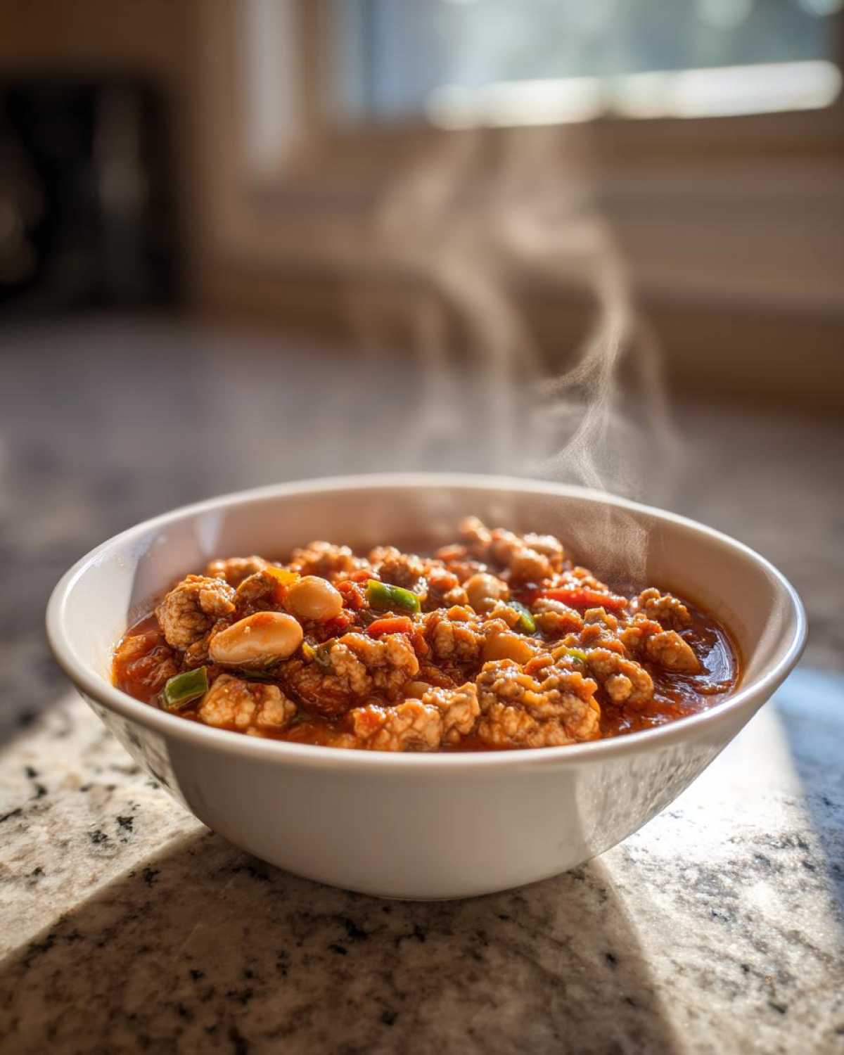 A white bowl filled with hot Spicy Turkey White Bean Chili, steaming gently on a granite countertop.