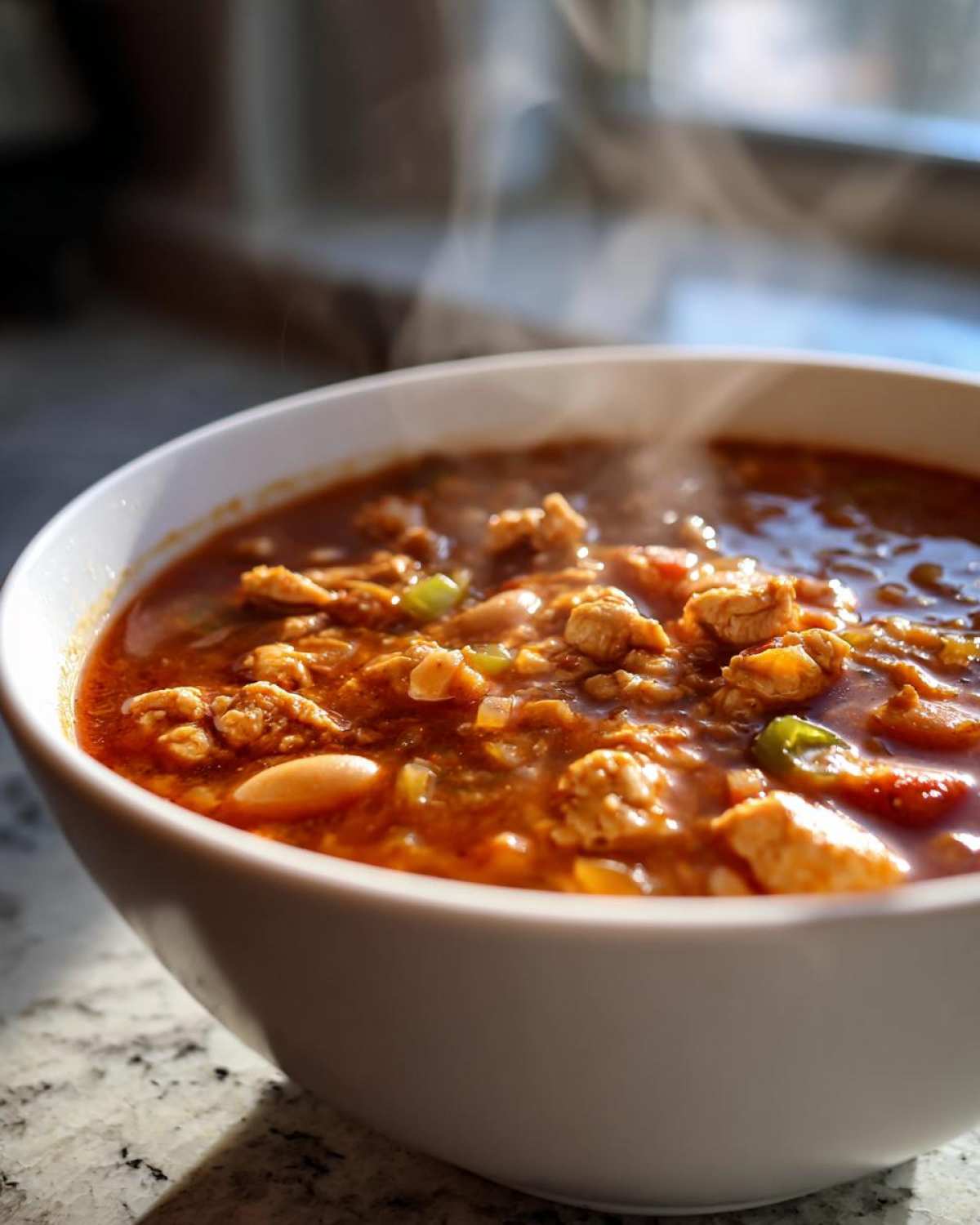 Close-up of a steaming white bowl filled with rich, red Spicy Turkey White Bean Chili, showing chunks of turkey and white beans.