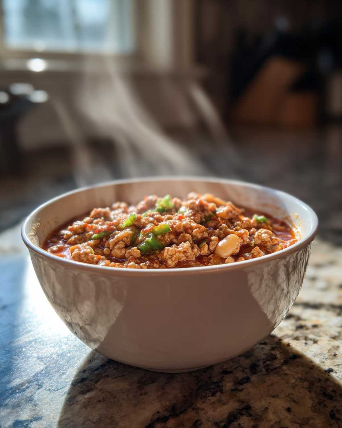A steaming white bowl filled with rich, hearty Spicy Turkey White Bean Chili, topped with green peppers.
