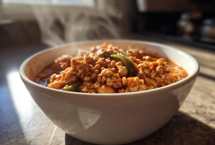 A close-up of a steaming white bowl filled with rich, hearty Spicy Turkey White Bean Chili.