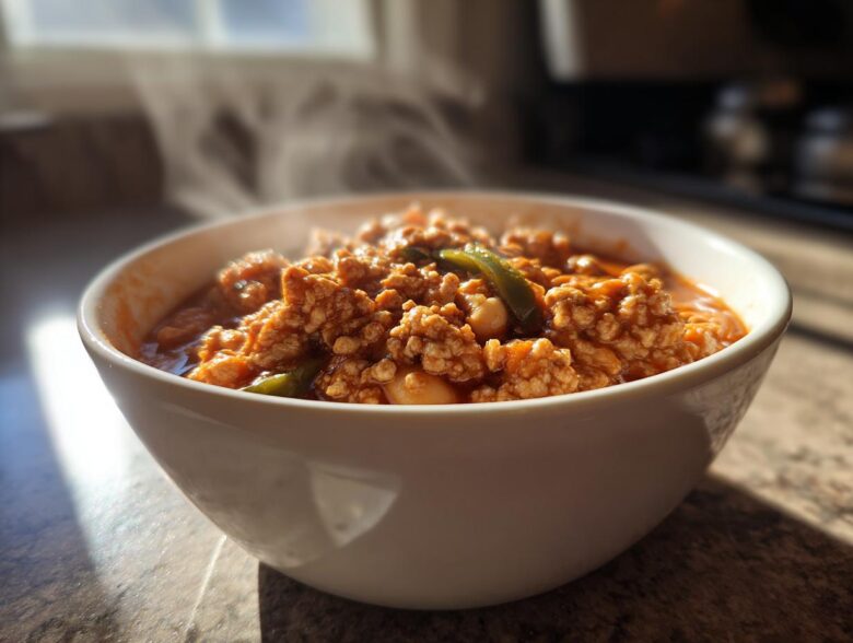A close-up of a steaming white bowl filled with rich, hearty Spicy Turkey White Bean Chili.