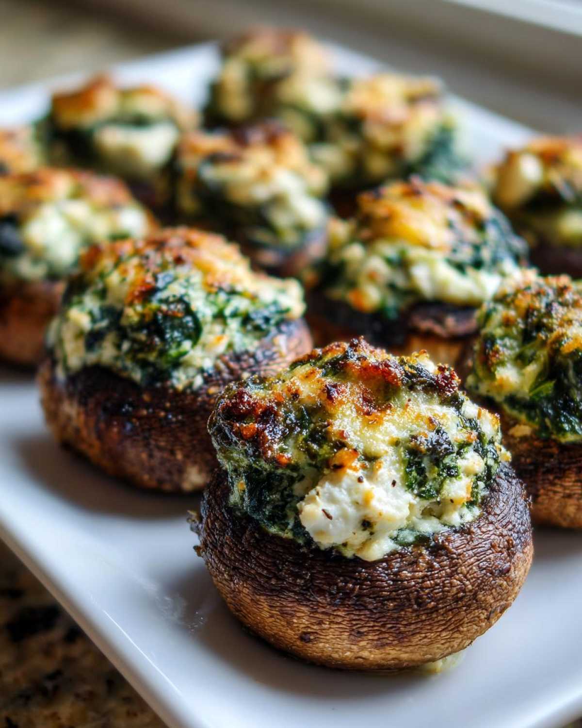 A close-up of baked Spinach and Feta Stuffed Mushrooms with a golden, cheesy top.