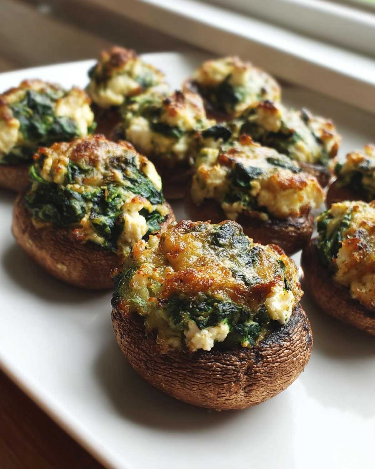 Close-up of baked Spinach and Feta Stuffed Mushrooms with golden-brown tops served on a white platter.