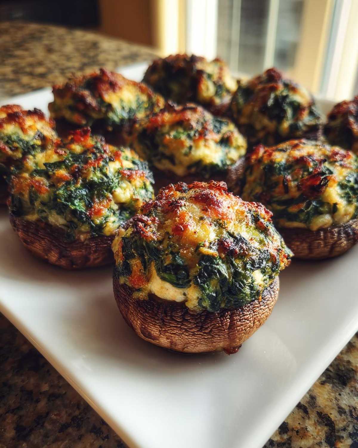Close-up of baked Spinach and Feta Stuffed Mushrooms with browned, cheesy tops served on a white rectangular plate.
