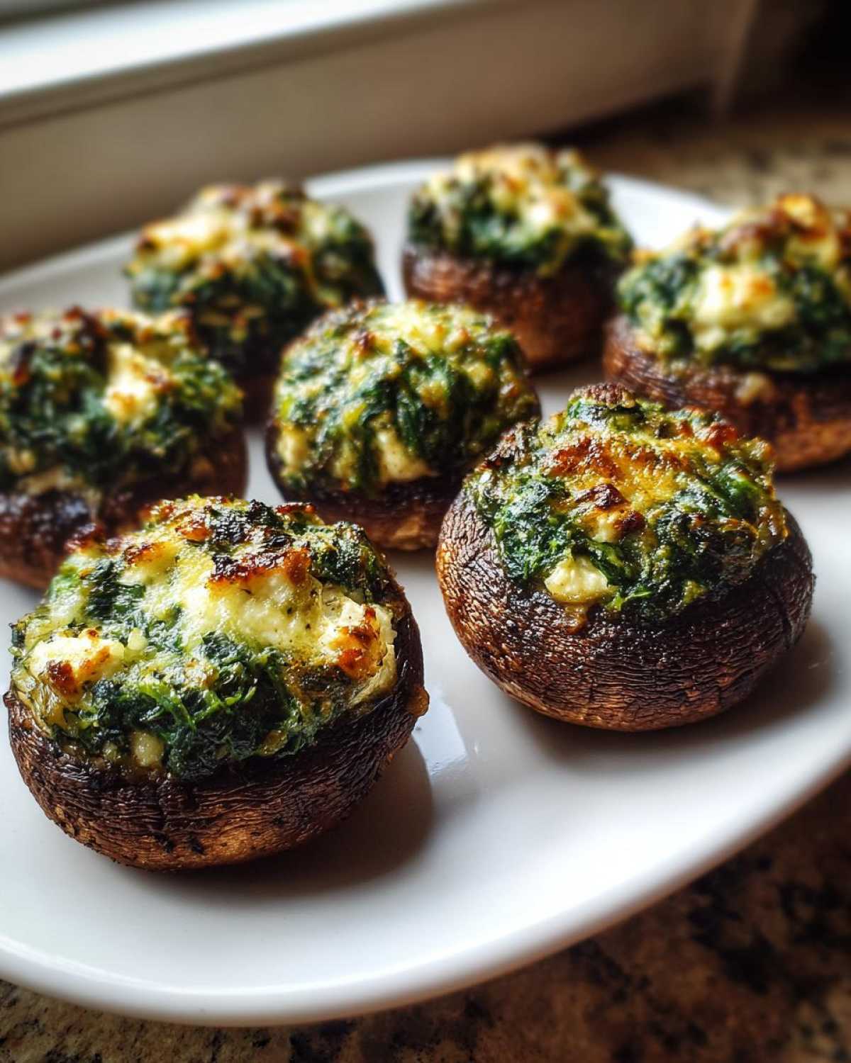 Close-up of baked Spinach and Feta Stuffed Mushrooms with golden-brown tops on a white serving platter.