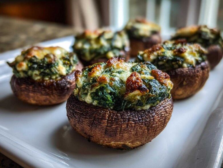 Close-up of baked Spinach and Feta Stuffed Mushrooms with golden, melted cheese topping on a white serving dish.