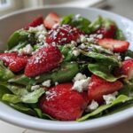 Close-up of a vibrant Spring Mix Salad with Strawberries and Goat Cheese topped with balsamic glaze.