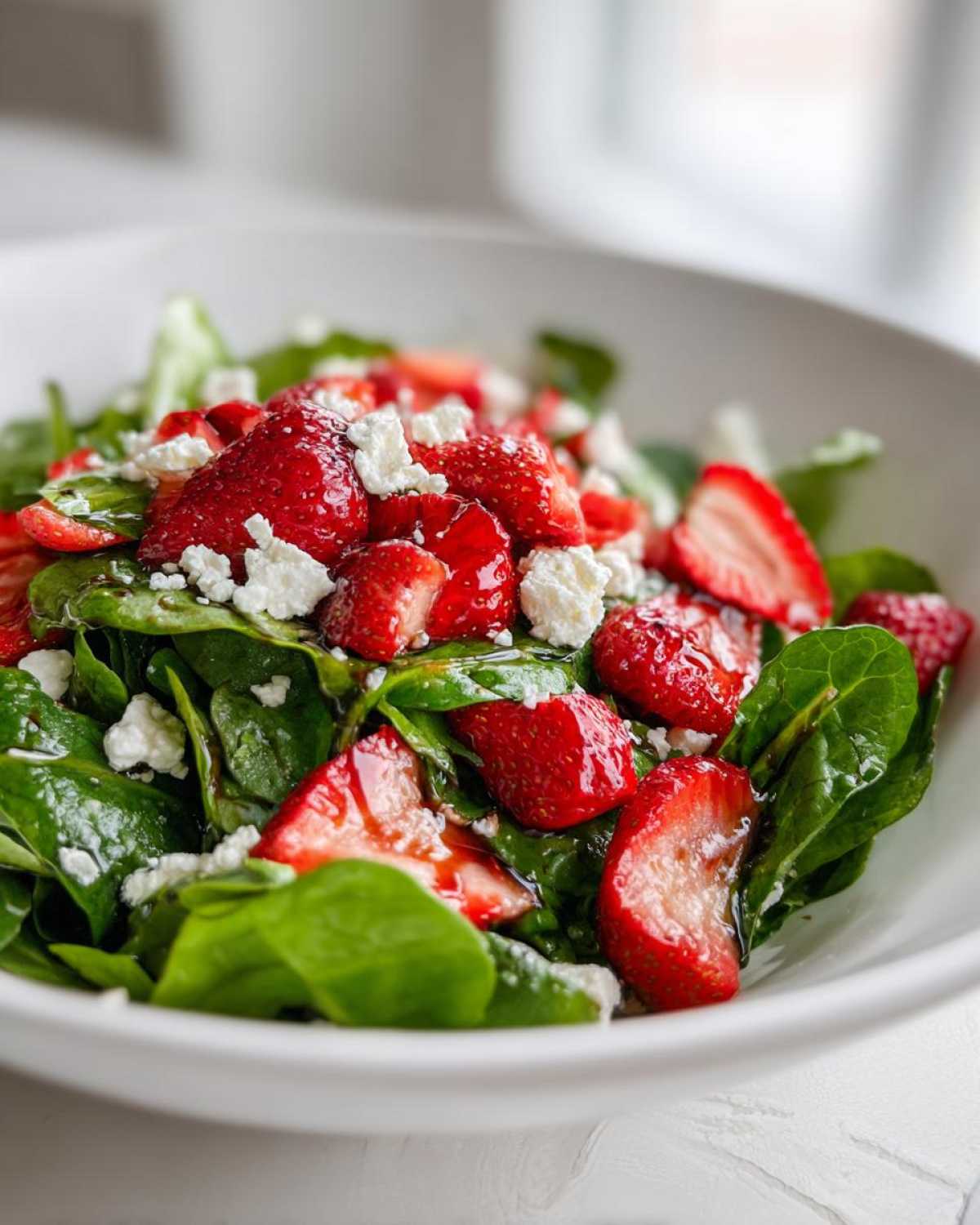 Close-up of a Spring Mix Salad with Strawberries and Goat Cheese, drizzled with balsamic glaze.