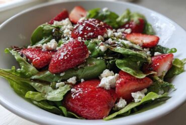Close-up of a vibrant Spring Mix Salad with Strawberries and Goat Cheese topped with balsamic glaze.