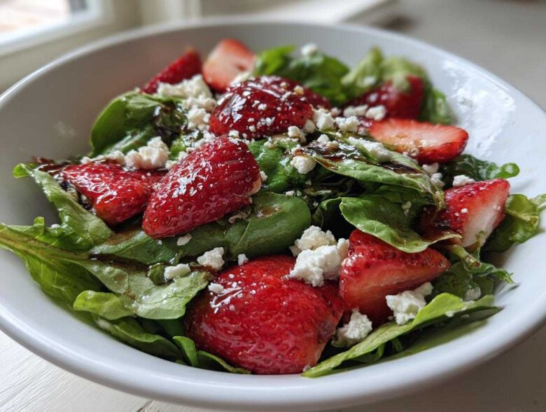 Close-up of a vibrant Spring Mix Salad with Strawberries and Goat Cheese topped with balsamic glaze.