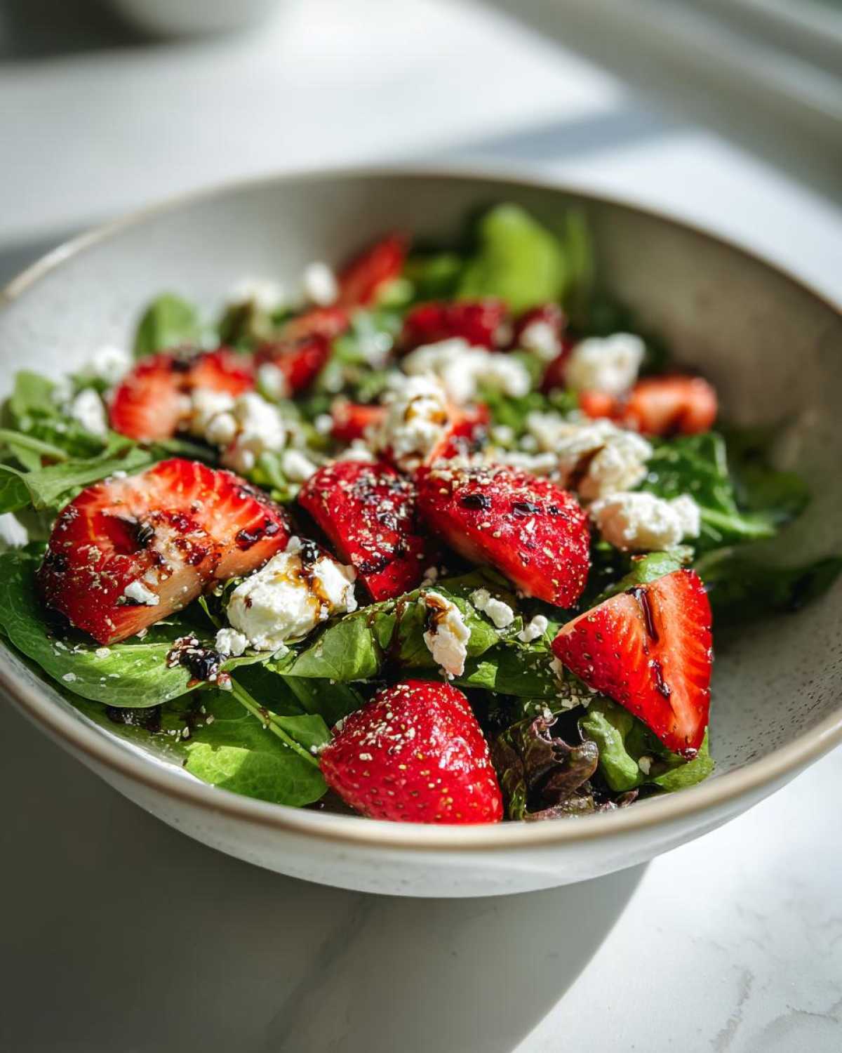 Close-up of a vibrant Spring Mix Salad with Strawberries and Goat Cheese, drizzled with balsamic glaze.