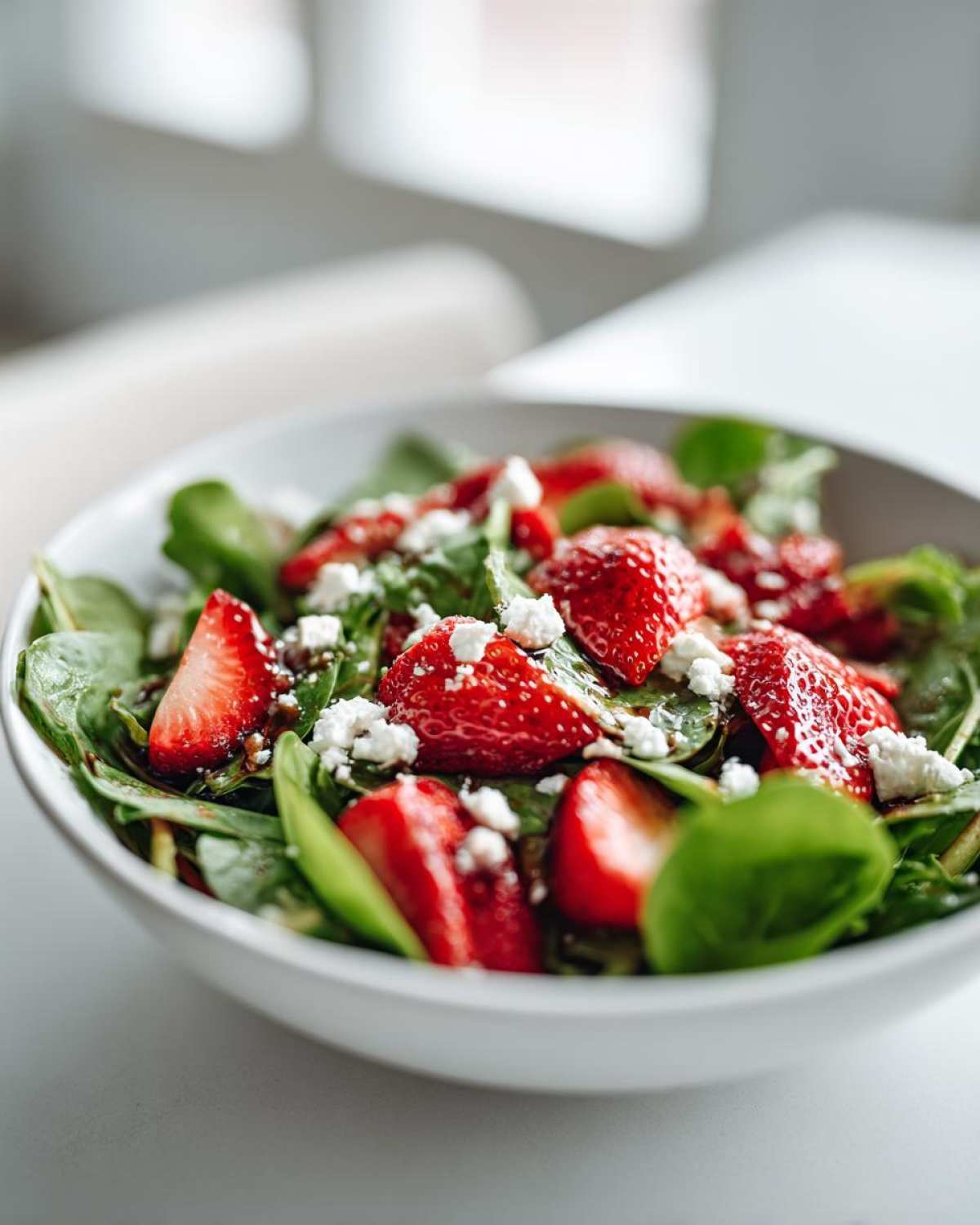 Close-up of a fresh Spring Mix Salad with Strawberries and Goat Cheese in a white bowl.