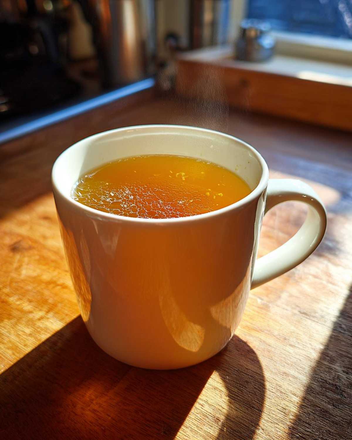Close-up of steaming Honey Lemon Ginger Tea in a white mug on a sunlit wooden counter.