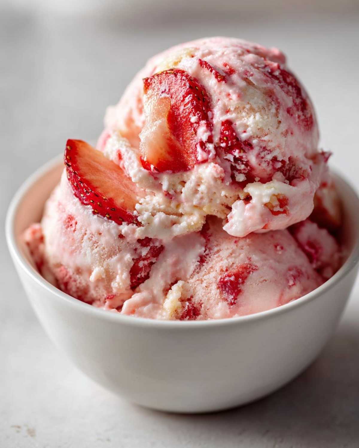 Close-up of two scoops of pink Strawberry Banana Ice Cream swirled with fruit pieces in a white bowl.