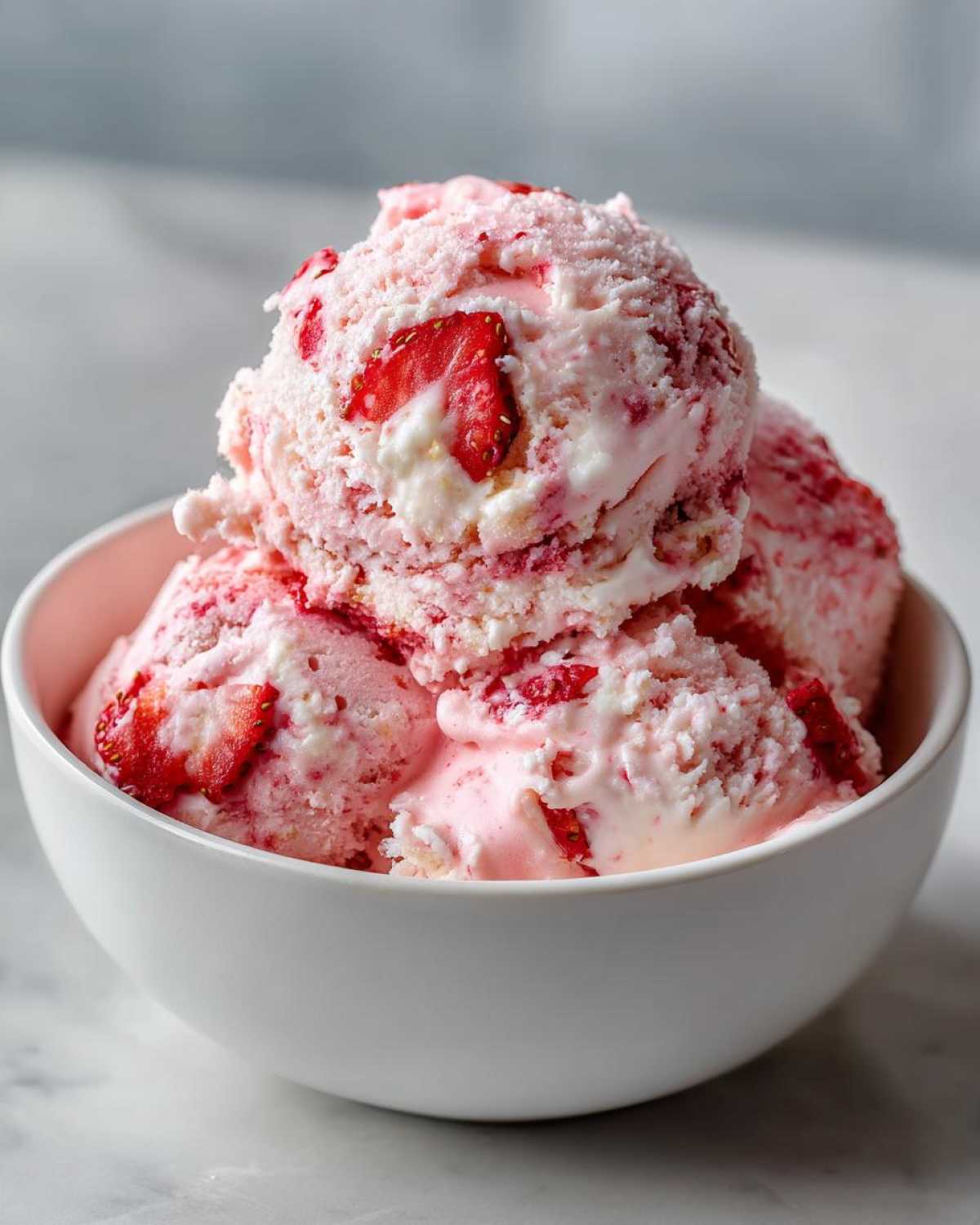 Close-up of three scoops of pink and white Strawberry Banana Ice Cream with visible strawberry pieces in a white bowl.