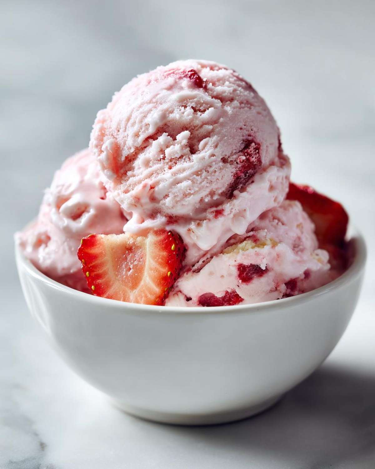Three scoops of pink Strawberry Banana Ice Cream topped with fresh strawberry slices in a white bowl.