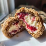 Close-up of a Strawberry Cheesecake Stuffed Cookie cut in half, showing creamy filling and bright red strawberry swirl.