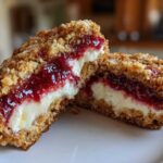 Close-up of Strawberry Cheesecake Stuffed Cookies cut in half showing creamy filling and strawberry jam.