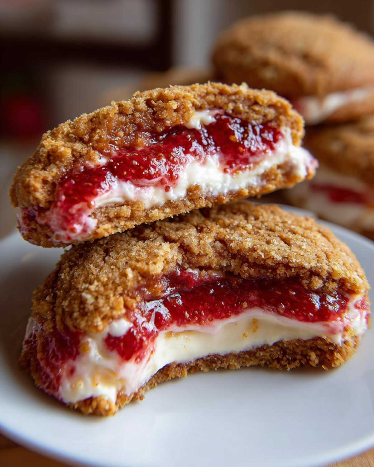 Close-up of Strawberry Cheesecake Stuffed Cookies cut in half showing creamy filling and strawberry jam.