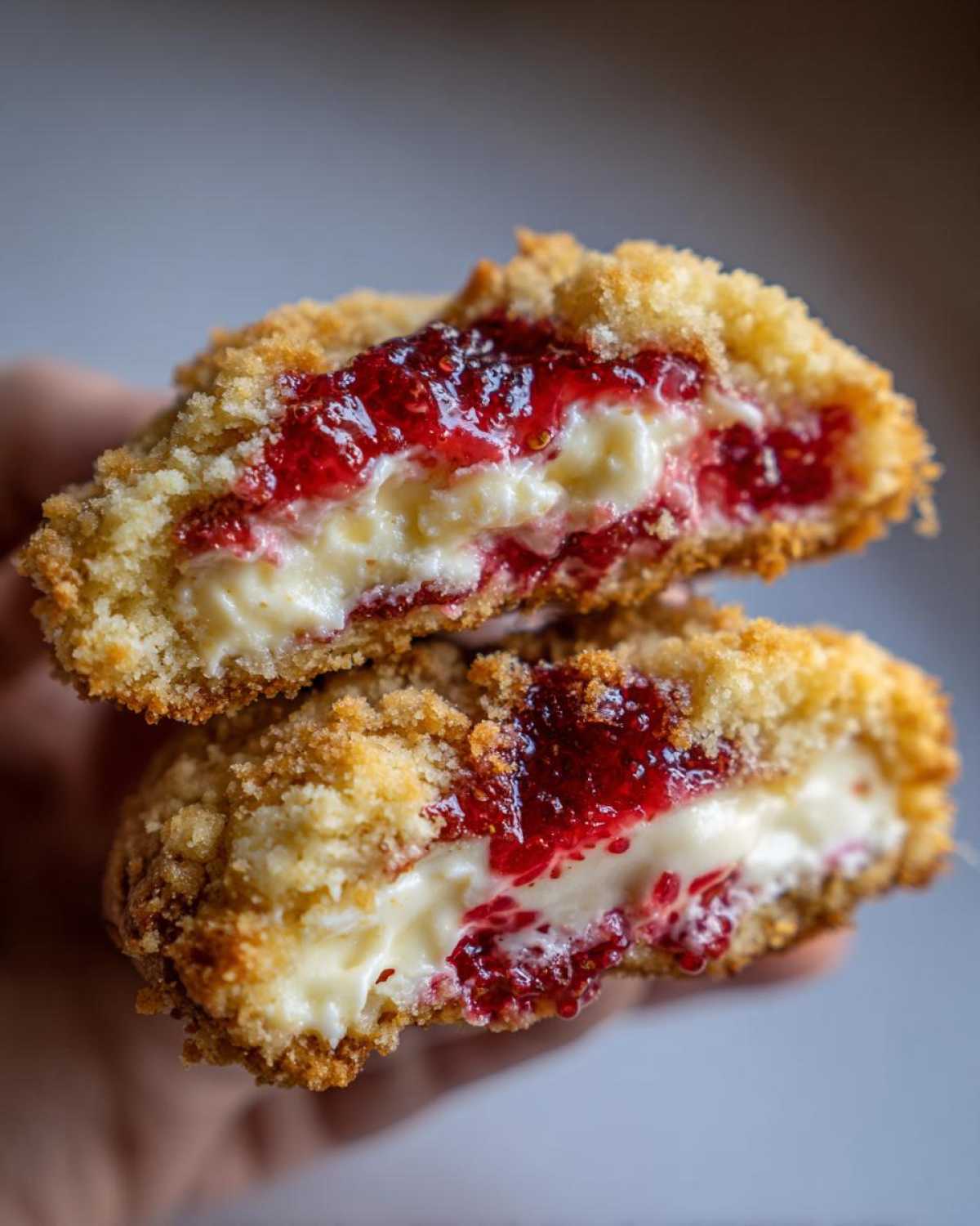 Close-up of Strawberry Cheesecake Stuffed Cookies cut in half, showing creamy filling and bright red jam.
