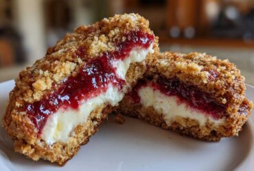 Close-up of Strawberry Cheesecake Stuffed Cookies cut in half showing creamy filling and strawberry jam.