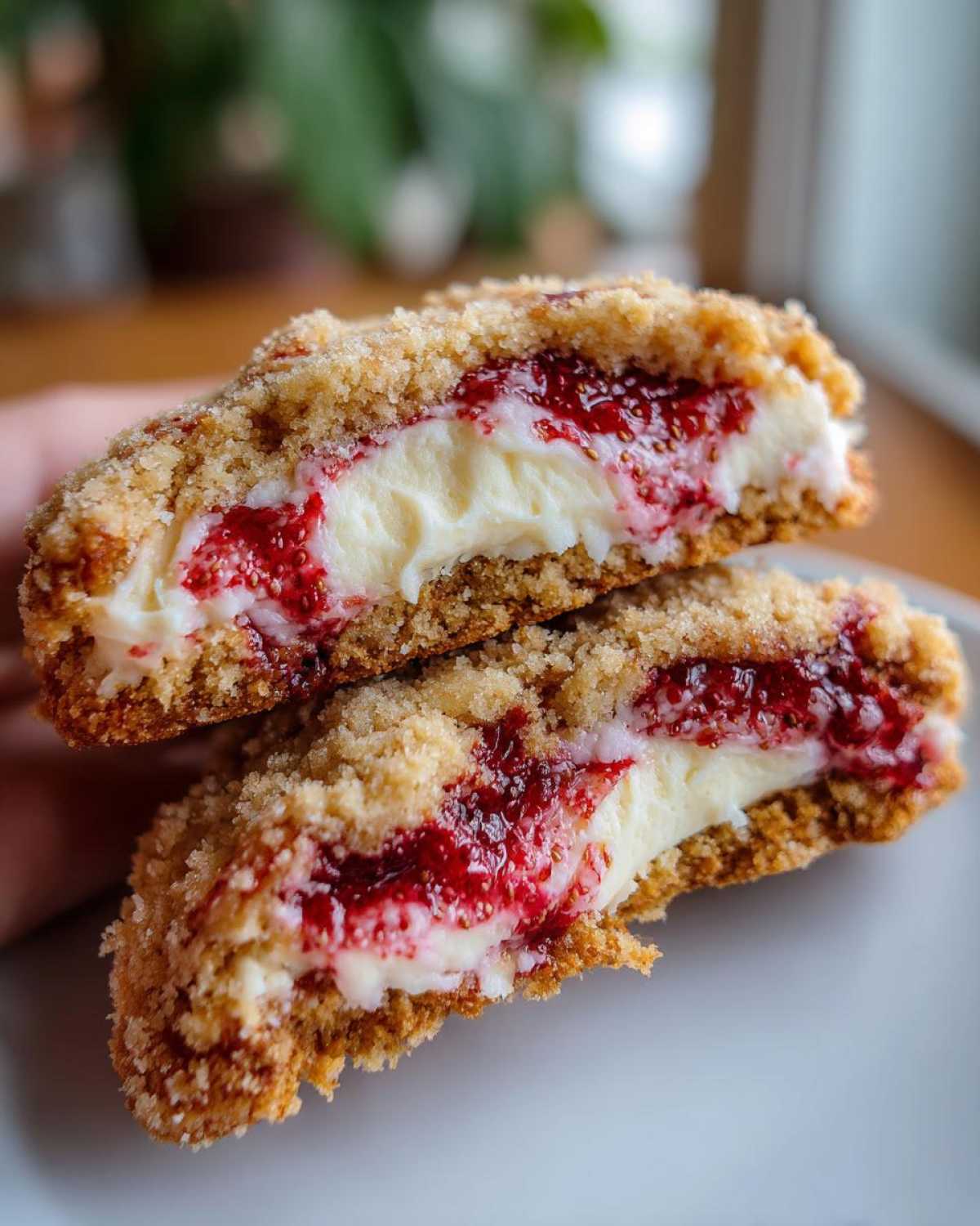 Close-up of Strawberry Cheesecake Stuffed Cookies cut in half, showing creamy filling and strawberry jam.