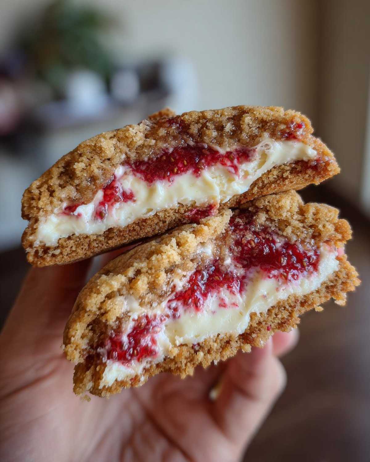 Close-up of Strawberry Cheesecake Stuffed Cookies cut in half, showing creamy filling and strawberry jam.