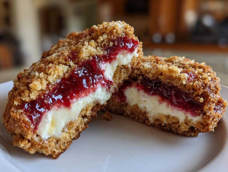 Close-up of Strawberry Cheesecake Stuffed Cookies cut in half showing creamy filling and strawberry jam.