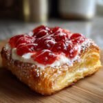 A flaky, golden Strawberry Cream Cheese Danish topped with cream cheese filling and strawberry glaze.