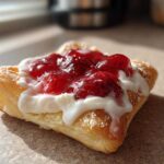Close-up of a flaky Strawberry Cream Cheese Danish topped with cream cheese filling and strawberry preserves.
