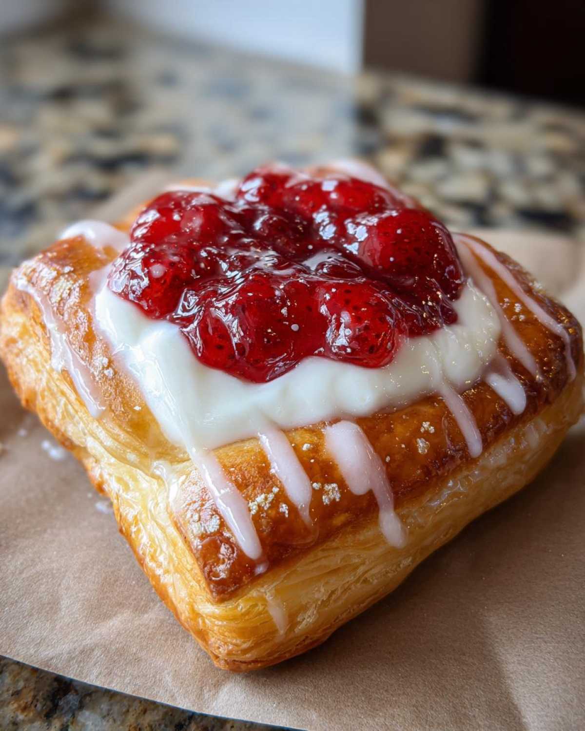 Close-up of a flaky Strawberry Cream Cheese Danish topped with cream cheese filling, strawberry preserves, and a white vanilla glaze.
