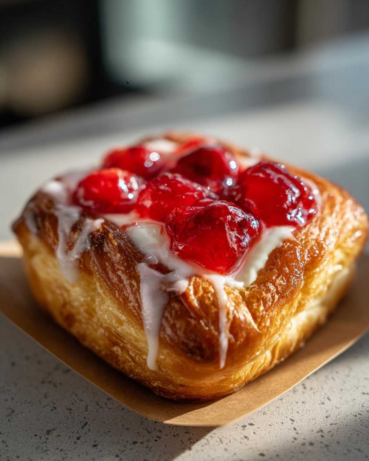 Close-up of a golden, flaky Strawberry Cream Cheese Danish topped with bright red strawberry filling and white icing.