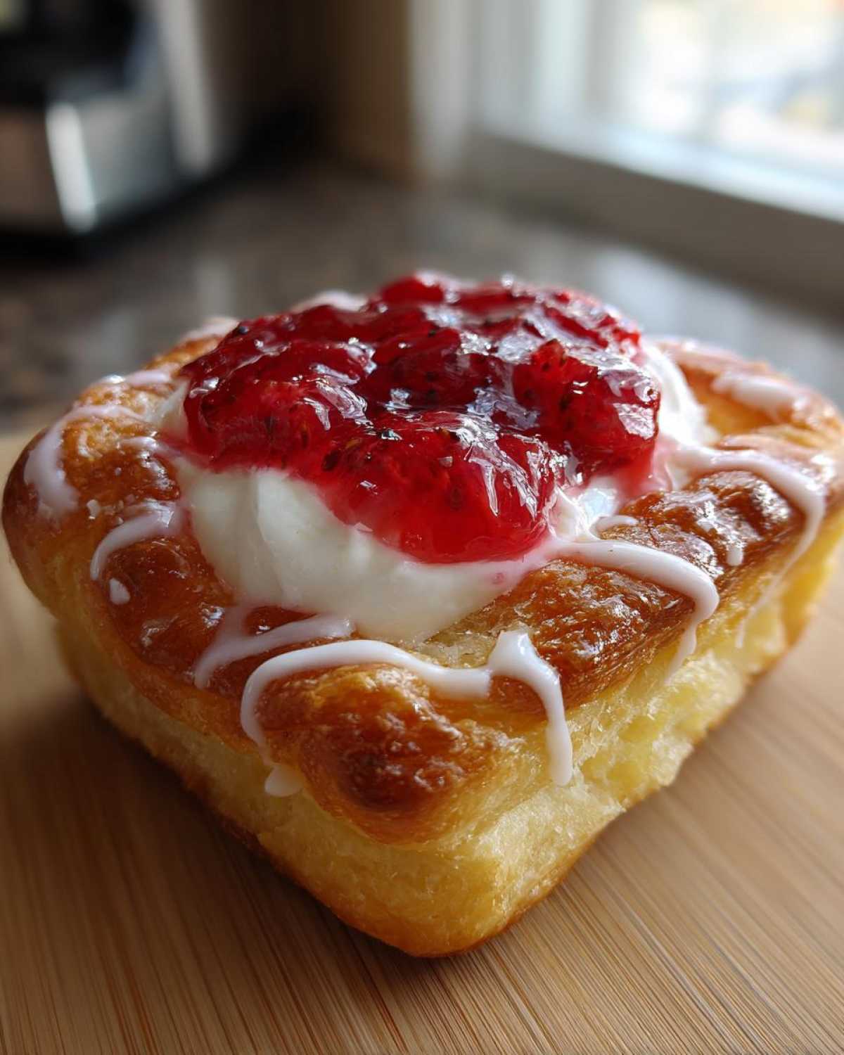 A close-up of a golden-brown Strawberry Cream Cheese Danish topped with white cream cheese filling, bright red strawberry jam, and a drizzle of white icing.
