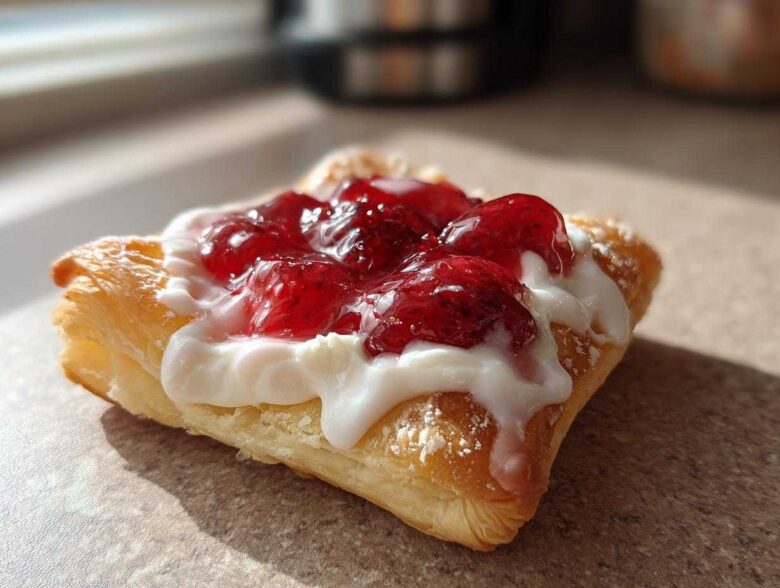 Close-up of a flaky Strawberry Cream Cheese Danish topped with cream cheese filling and strawberry preserves.