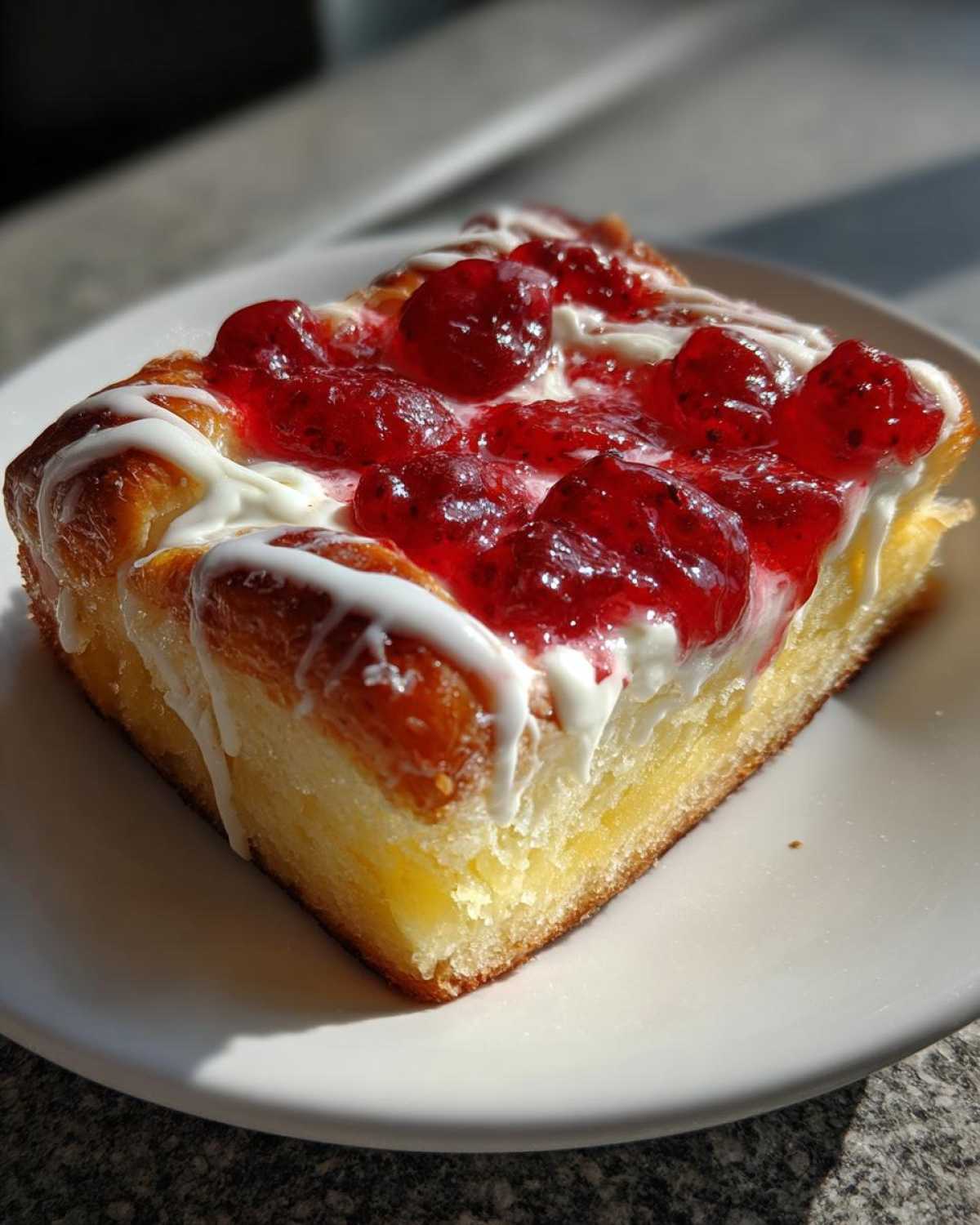 A square piece of Strawberry Cream Cheese Danish topped with bright red strawberry filling, white cream cheese, and icing drizzle.