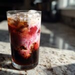 A tall glass of layered Strawberry Cream Cold Brew with visible strawberries and foam, sitting on a granite counter in bright sunlight.