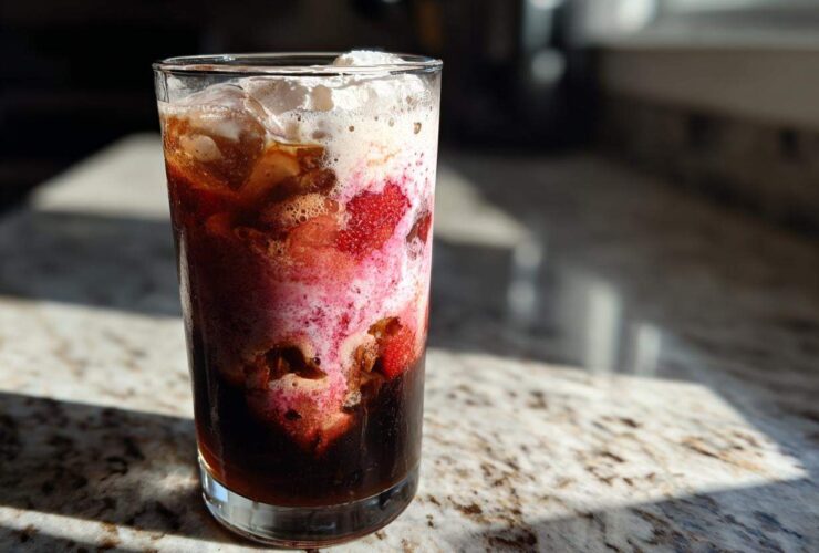 A tall glass of layered Strawberry Cream Cold Brew with visible strawberries and foam, sitting on a granite counter in bright sunlight.