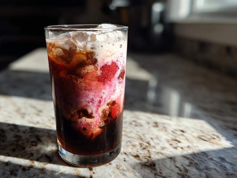 A tall glass of layered Strawberry Cream Cold Brew with visible strawberries and foam, sitting on a granite counter in bright sunlight.
