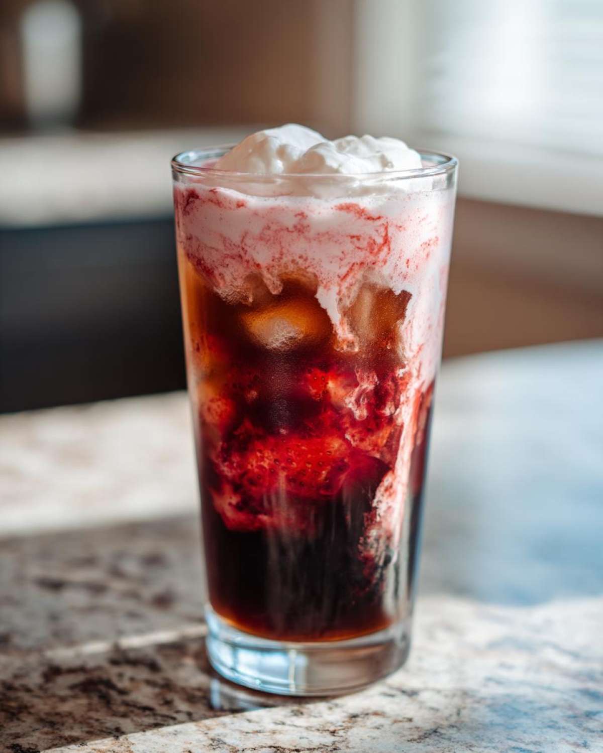 Close-up of a tall glass filled with Strawberry Cream Cold Brew, showing dark coffee, red strawberry swirls, and a dollop of white cream on top.
